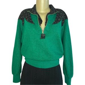 Vintage 80s Golah Green Cropped Pullover Velvet Sweater w/ Abstract Patches